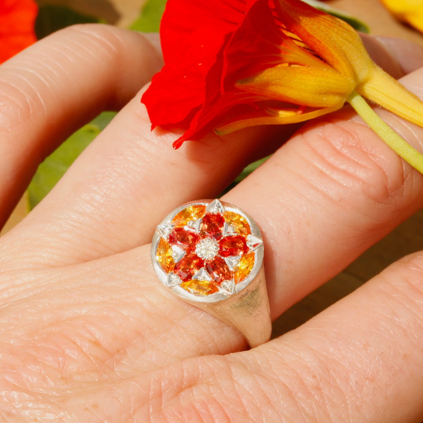 Sapphire nasturtium ring