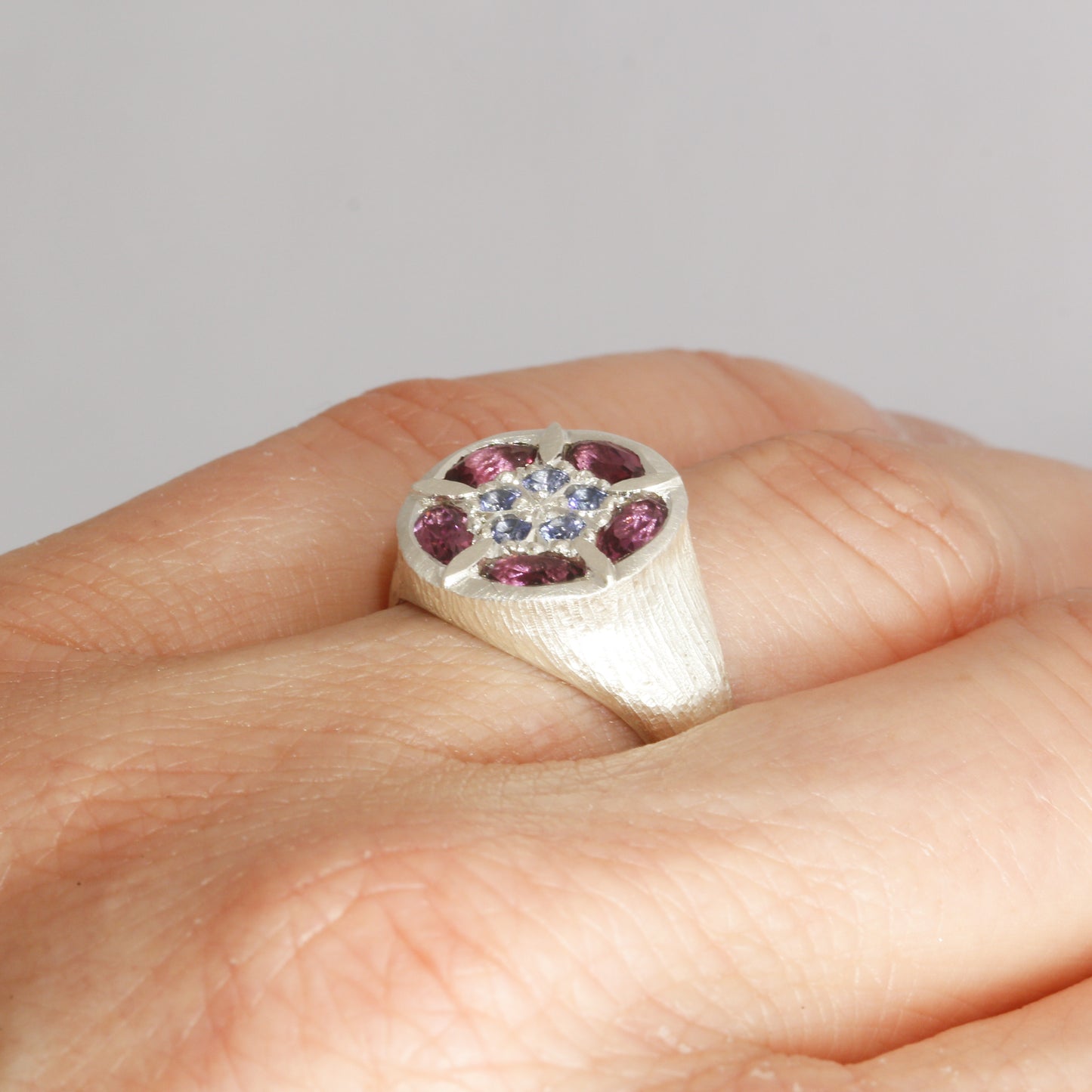 Rhodolite garnet kaleidoscope signet ring