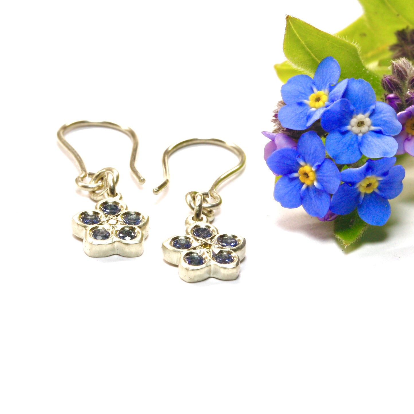 White gold sapphire forget me not earrings