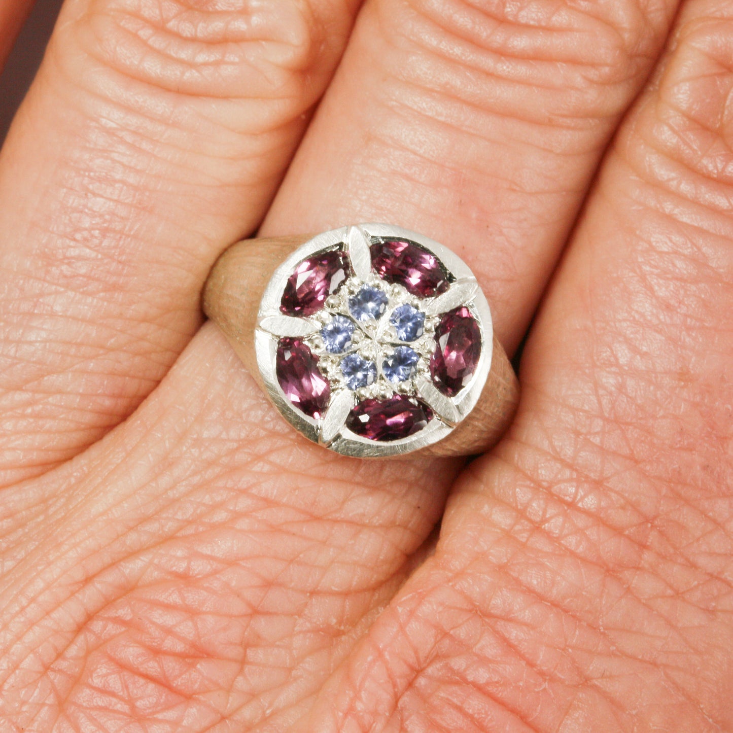 Rhodolite garnet kaleidoscope signet ring