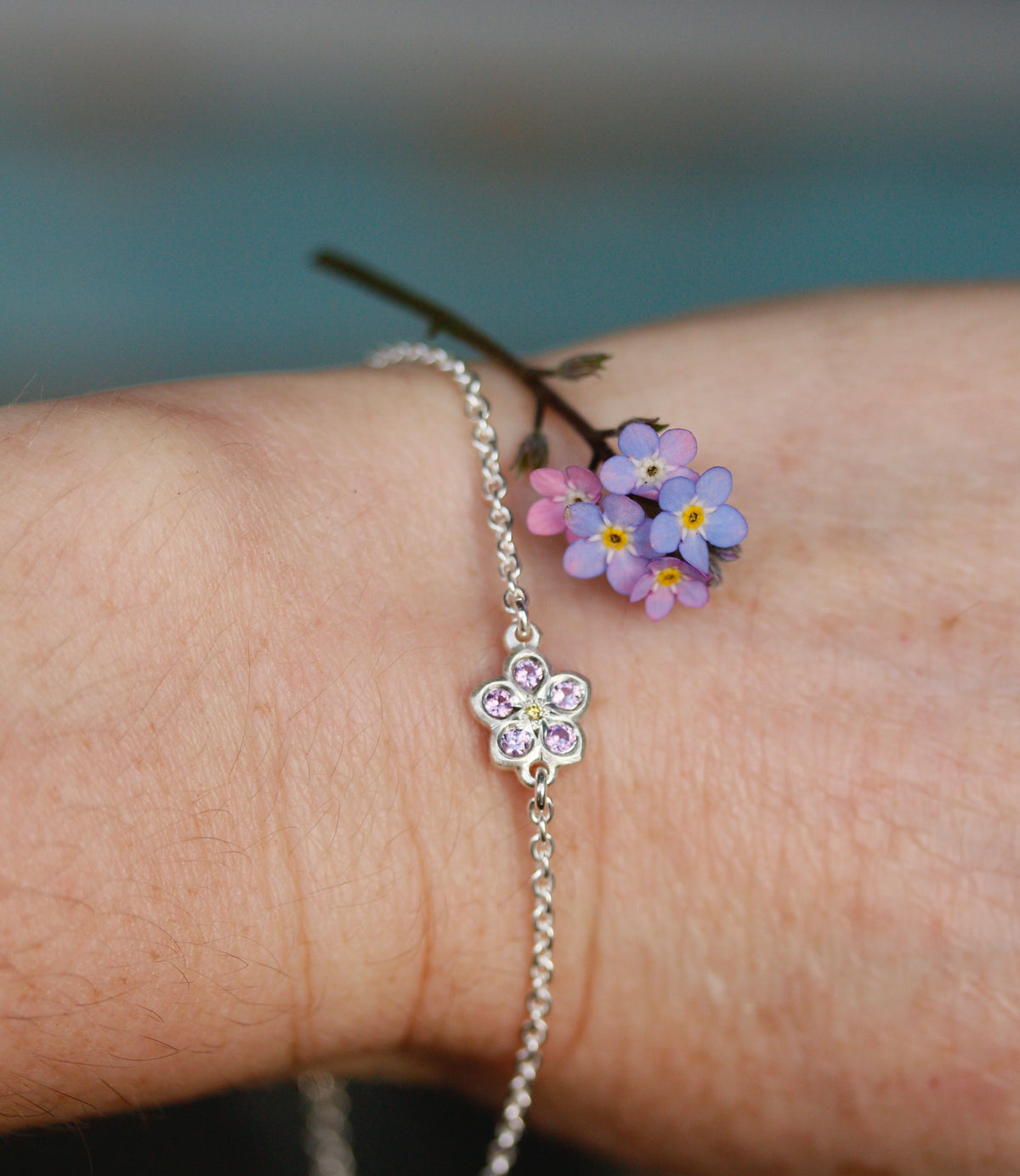 Pink sapphire and yellow diamond forget me not bracelet