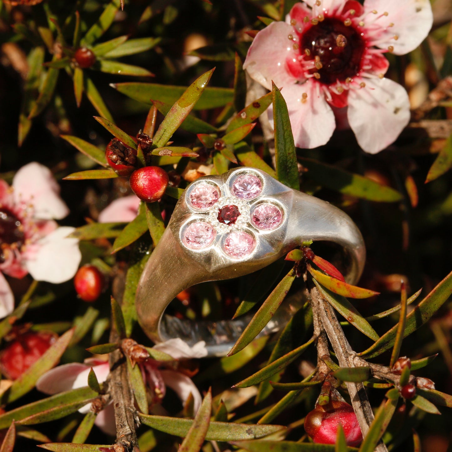 Sapphire & garnet mānuka ring