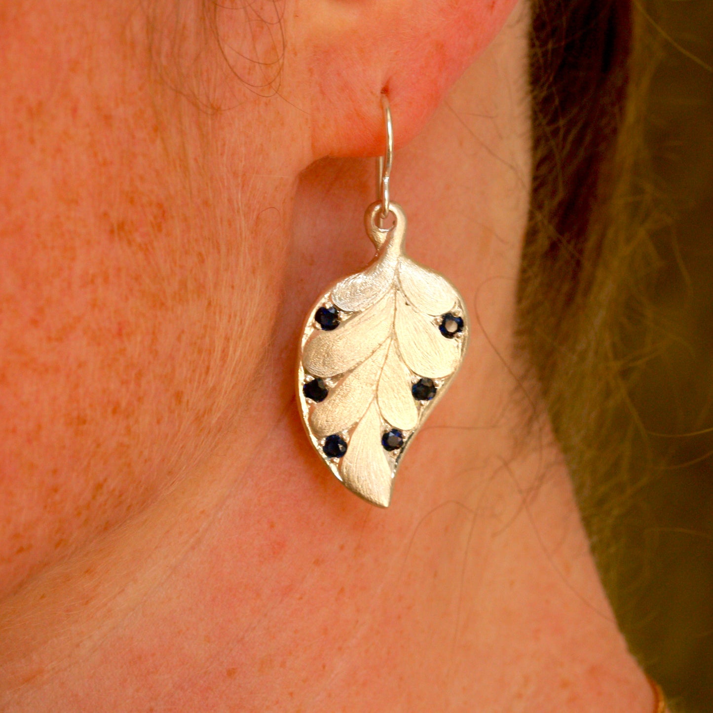 Art nouveau leaf earrings with sapphires