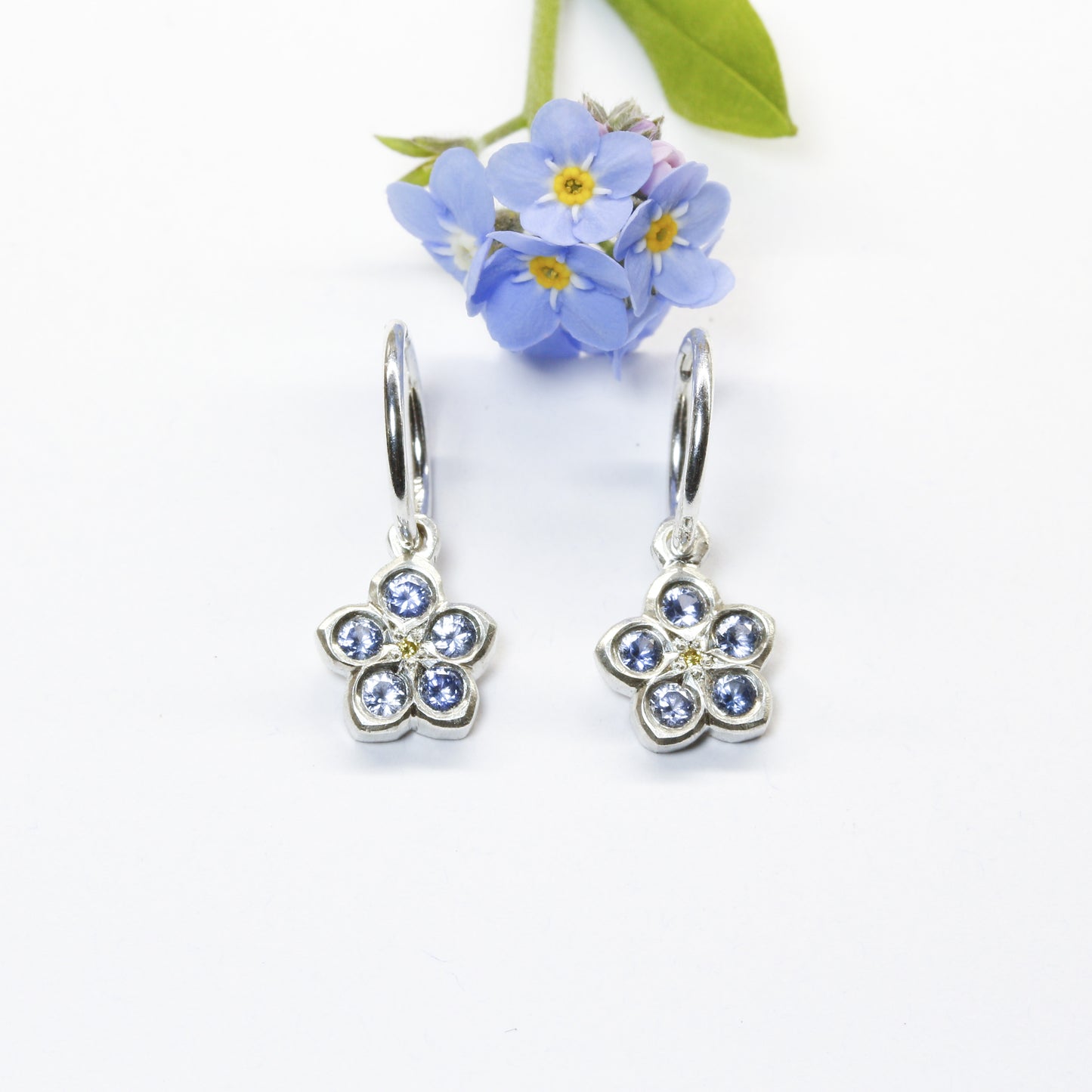 Forget me not sapphire and yellow diamond earrings