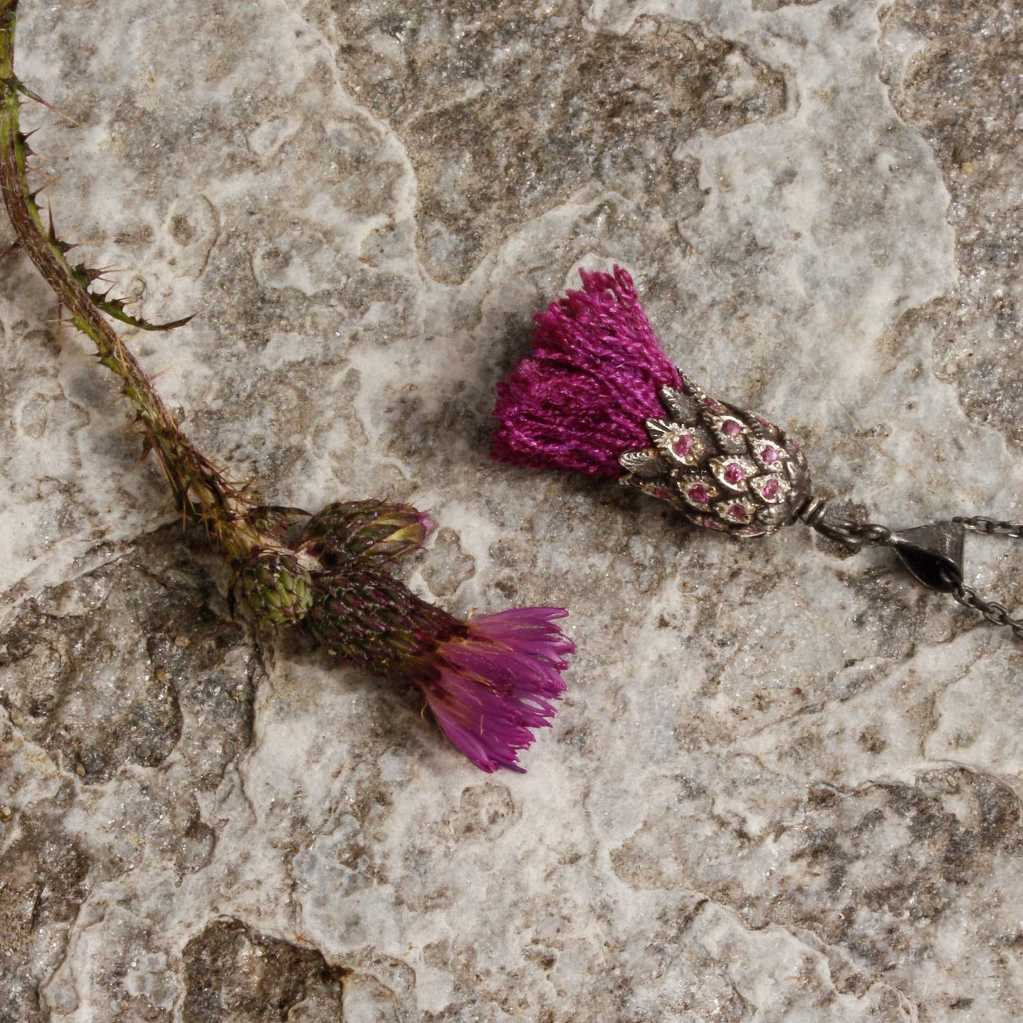 Purple thistle pendant with rhodolite garnets
